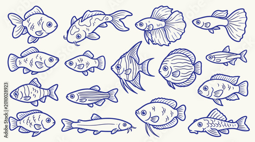 Tableau sur toile Collection of various hand-drawn fish illustrations in blue ink, showcasing different aquatic species in a doodle style