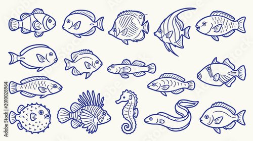 Cuadro en lienzo A collection of various hand-drawn blue fish illustrations on a light background, showcasing marine life diversity