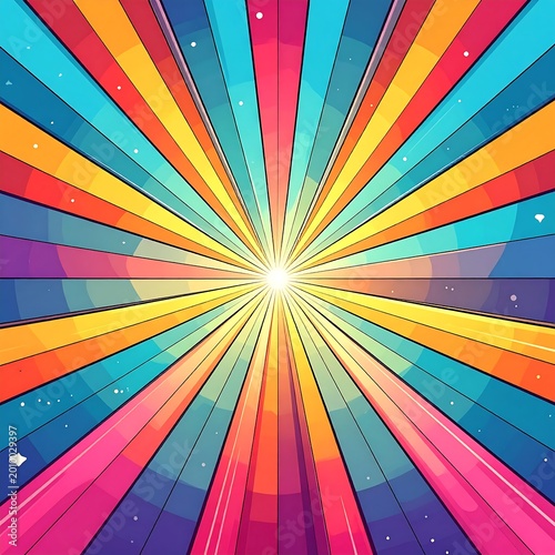 Colorful Sunburst Illustration Vibrant Rainbow Rays Radiating From A Central Bright Glow With Sparkling Stars In A Retro Pop Art Style