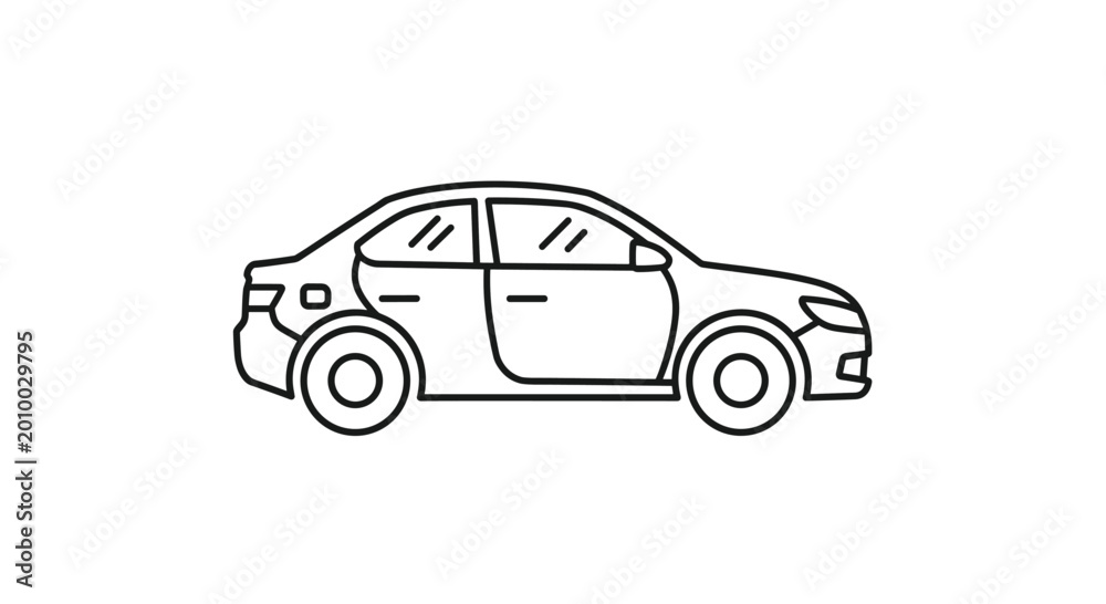 Fototapeta premium An outline vector illustration of a standard four-door sedan car viewed from the side profile is isolated against a clean and bright plain white background.