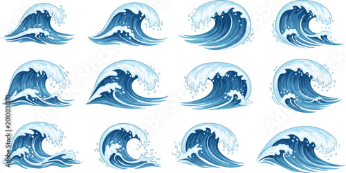 Foto Vector illustration set of stylized blue ocean waves with white foam and cresting water isolated on a white background for summer or travel designs