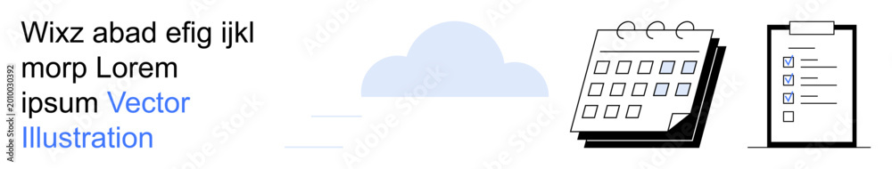 Fototapeta premium Time management, cloud storage, productivity, organization, planning, task completion. Icon set a calendar, clipboard checklist and cloud symbol. Productivity and time management concept