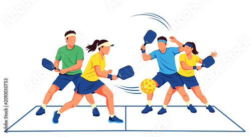 Fotografia Pickleball players in action, doubles match, active lifestyle, sports illustrati