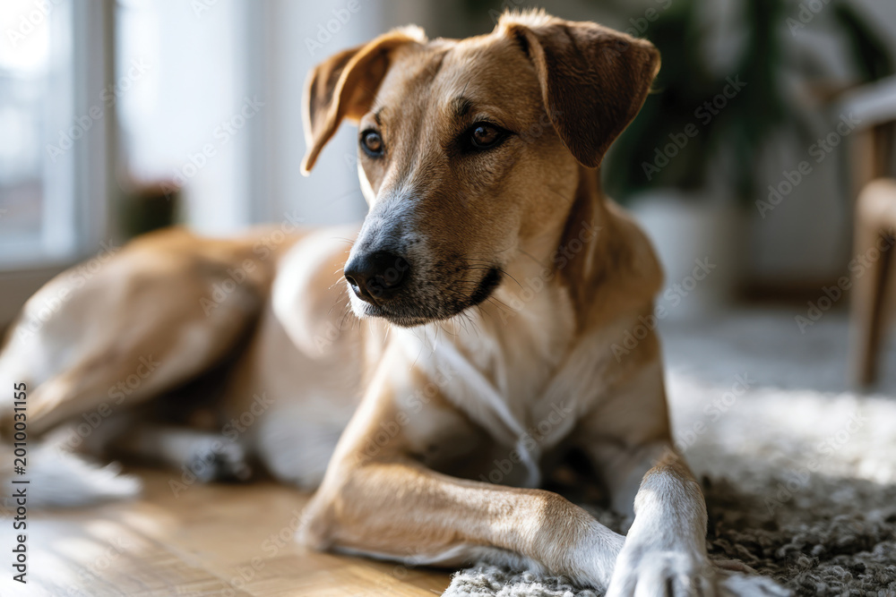 Obraz premium Mixed Breed Dog Lying Indoors in Warm Sunlight, Calm Home Interior Scene