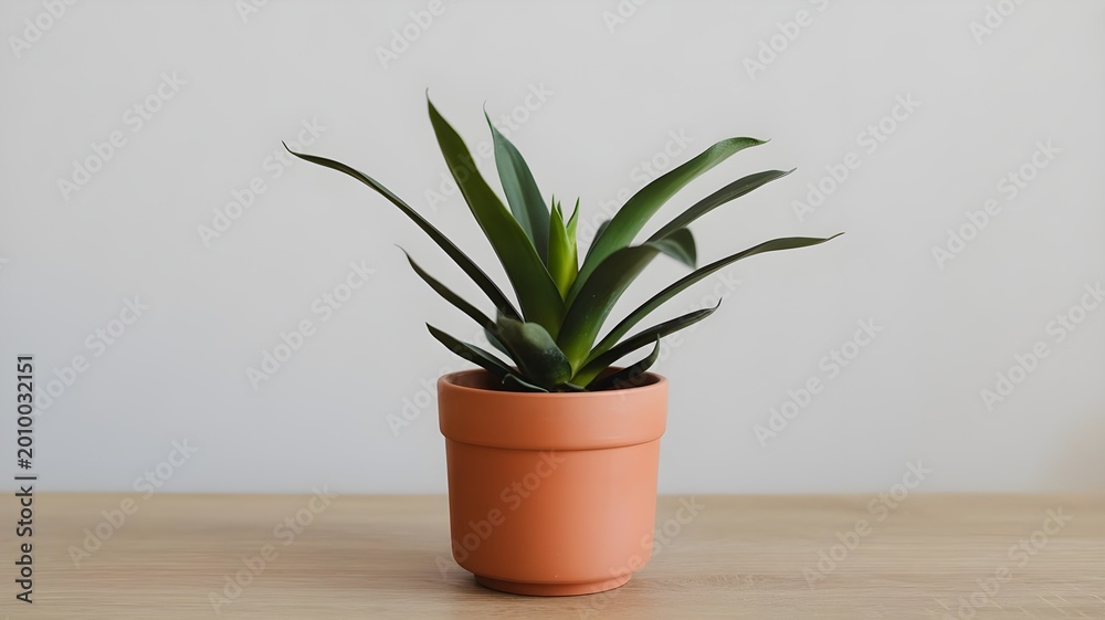 Fototapeta premium Minimalist potted agave plant resting on a light wooden surface against a plain neutral wall background featuring soft natural lighting creating a calm and serene interior decor