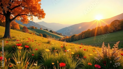 Serene Autumn Meadow Landscape at Sunset with Vibrant Flowers and Rolling Hills