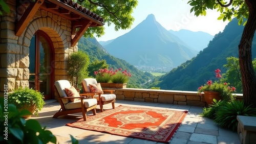 Serene mountain vista patio retreat with comfortable chairs and an ornate rug