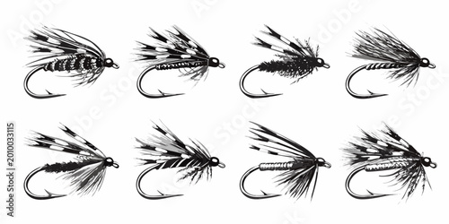 fishing flies collection black and white sketch illustration