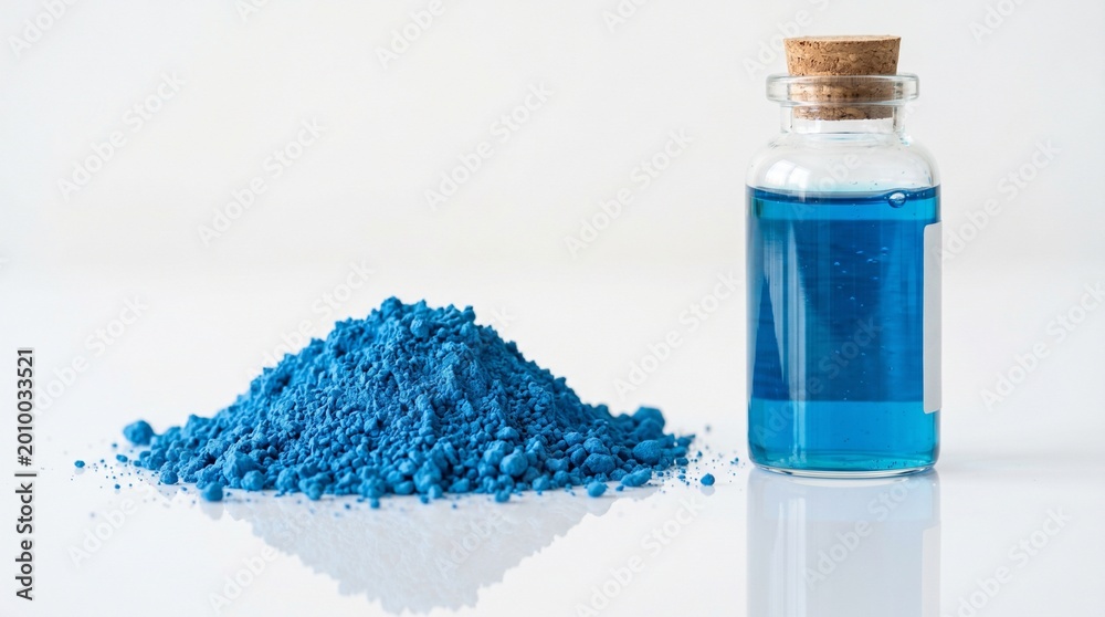 Obraz premium concentrated blue chemical blue copper peptides in both powder glass vial of dissolved aqueous solution raw pigment to liquid dye.