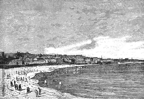 Bild auf Leinwand Biarritz, La Grande Plage, Bustling 19th-Century Shoreline with Victorian Architecture, Crowded Beach, and Calm Sea, Old Vintage Illustration, 1898