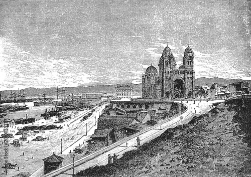 Bild auf Leinwand City of Marseille, France, Bustling Coastal Cityscape with Grand Architecture, Ships, and Busy Streets, Vintage Maritime Illustration, Old Vintage Illustration, 1898