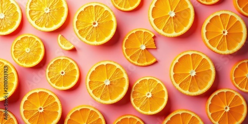 Vibrant Citrus Slices Arranged on a Pastel Pink Background, a Delightful and Refreshing Visual Display of Juicy Orange Fruit Segments