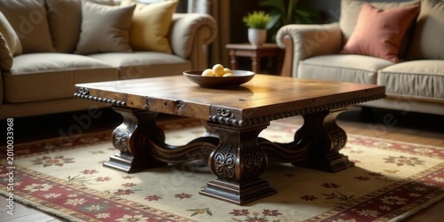 Intricate Carved Wooden Coffee Table Centerpiece in a Luxurious Living Room Setting
