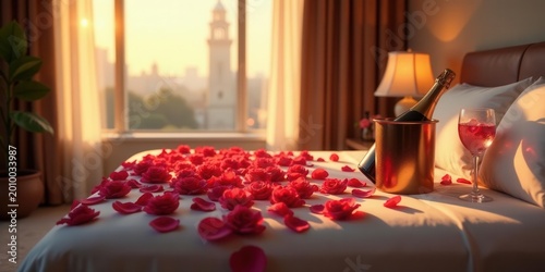 Romantic Bedroom Scene Sunlit Room, Rose Petals, Champagne, and Wine