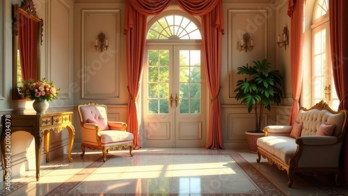 Elegant Room Interior Design with Sunlight Streaming Through French Doors and Coral Drapes