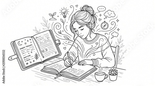 Student studying and writing in open books with coffee and symbolic ideas line art black and white hand drawn studying education learning knowledge research notebook lightbulb brainstorming