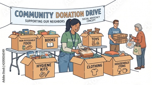 Community donation drive with various boxes of goods for charity donation community clothing donations collection volunteers outreach fundraising organization generosity assistance