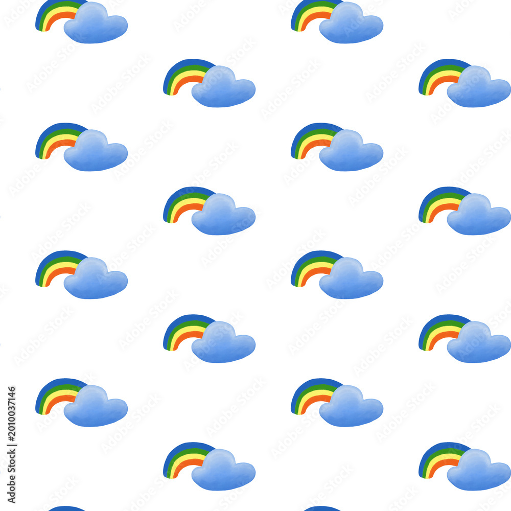 Fototapeta premium Watercolor nursery collection, seamless pattern with rainbow and cloud. Hand painted minimalist tileable background for baby branding, textile and web banners.
