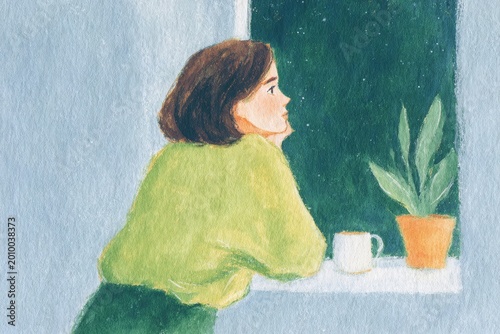 A woman sitting at a window sill looking out the window with a potted plant in front of her. she is wearing a white dress and her hair is pulled back in a bun.