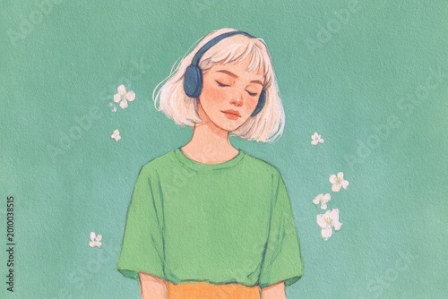 A woman wearing a green tshirt and yellow pants with headphones on her head surrounded by white flowers against a green background.