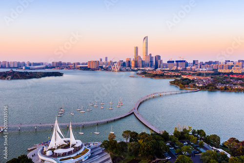 Aerial shot of the Jinshui Bay trestle in Jinji Lake, Suzhou, Jiangsu Province, China  (panorama building complex with no intellectual property problem)