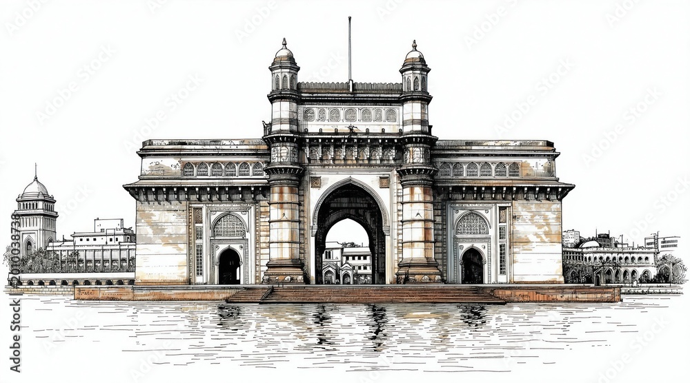 Obraz premium Ink drawing of Gateway of India monument in Mumbai. Historical arch landmark seen from water reflection. Fine art illustration shows famous Indian architecture and city skyline.