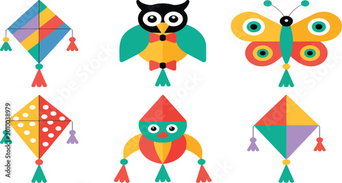 Obraz na płótnie Kites vector cartoon set isolated on white background, colorful flying toy colle