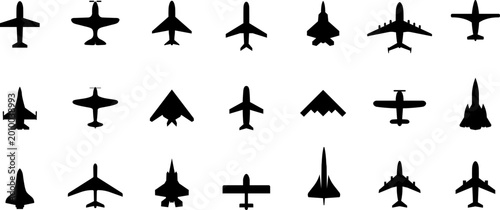 Bild auf Leinwand Military and Commercial Aircraft Silhouettes Top View Collection — Black Vector