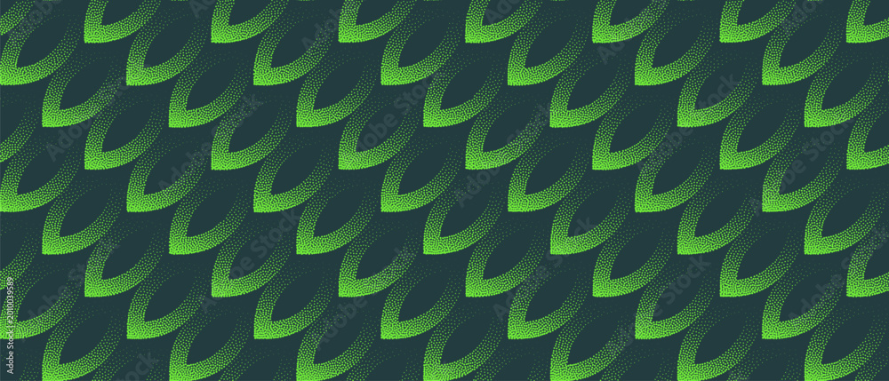 Fototapeta premium Diagonal leafy forms with layered greenery flow, natural dynamic structure for organic design visuals. Vector abstract wide panoramic background in vibrant colour with halftone dots and gritty texture