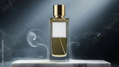 Elegant Perfume Bottle with Golden Cap and White Label Amidst Wisps of Smoke.