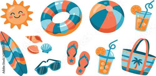 Foto Summer beach vacation vector icon set with surfboard lifebuoy sun beach bag and