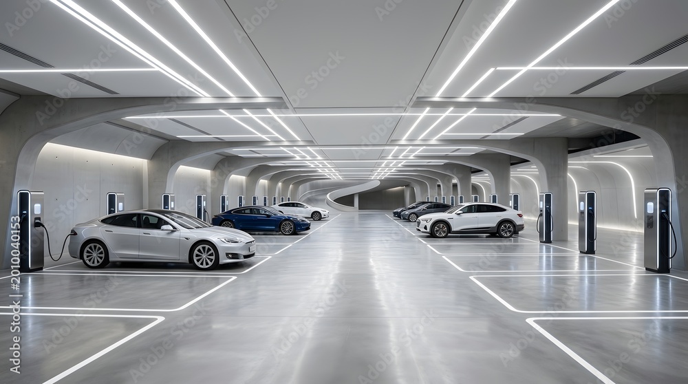 Obraz premium Futuristic underground parking garage with electric cars charging
