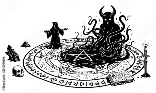 Occult ritual summoning demon, sorcerer performing magic in pentagram circle with runes and skull, gothic satanic horror scene silhouette