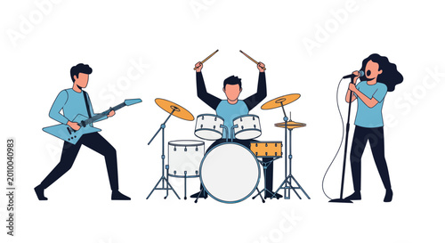 Foto Rock band performing live music with guitarist, drummer, and singer on white background