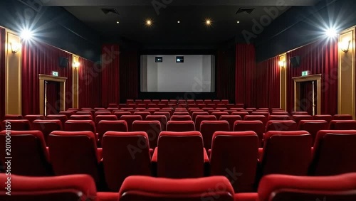 Empty Movie Theater with Red Seats and Curtains.