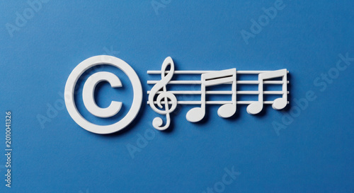 Copyright symbol with musical notes on a blue background, representing intellectual property rights in the music industry