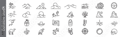 Desert, arid landscape and survival line icon set – editable outline symbols of sand dunes, sandstorm, cacti, wildlife, heat and extreme environments