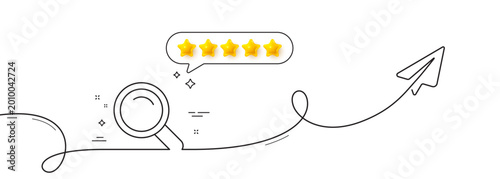 Search line icon. Continuous line with share plane. Magnifying glass sign. Enlarge tool symbol. Five star rate review in speech bubble. Search single line ribbon. Loop curve pattern. Vector