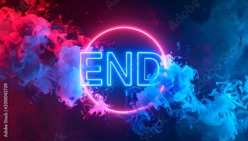 Glowing Blue Neon End Text In Pink Circle With Vibrant Red And Blue Smoke On Dark Background Abstract Cinematic Graphic