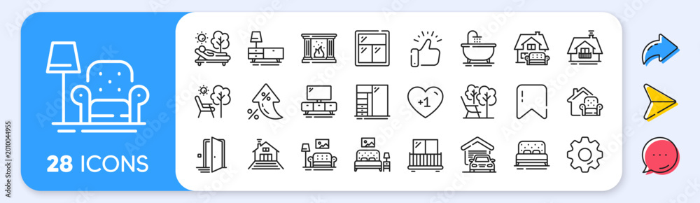 Obraz premium Furniture line icons. Interest rate, AI generate, Inflation icons. Balcony, house terrace and garden deckchair set. Home furniture, bath tub and fireplace line icons. Vector