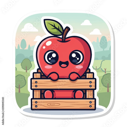Tableau sur toile Cute Cartoon Apple Character Sitting.