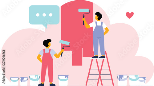 Fotografi Painting Illustration Featuring Two Workers with Paint Rollers, Ladder, and Spee