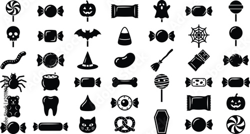 Cuadro en lienzo Set of halloween candy icons in black and white, various sweet treats and spooky
