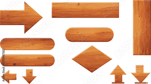 Set of 11 colorful flat vector illustrations of various wooden planks and buttons in different shapes isolated on a white background.