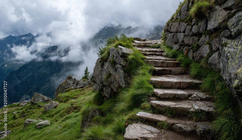 Naklejka premium Stone staircase winding animated movie mountain slope with green grass and rocky outcrops in misty alpine environment