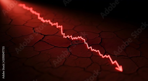 Glowing red descending line graph on cracked dark dry ground representing severe economic crash and stock market failure