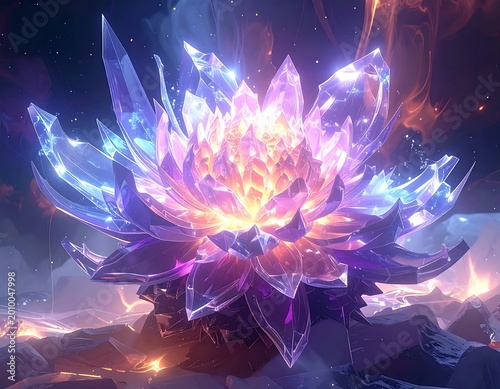 Glowing Crystal Lotus Flower Digital Illustration With Purple And Blue Translucent Petals Shining On Dark Rocky Ground In Fantasy Environment