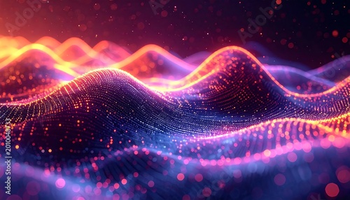 Glowing Digital Data Wave Abstract 3d Render With Purple And Orange Neon Particles And Bokeh Background In Futuristic Cyber Style
