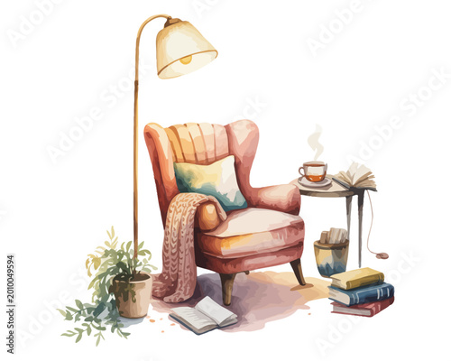 Hand-Painted Reading Corner Watercolor, Cozy Chair Lamp Interior Decor, Isolated Vector Illustration