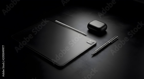 Modern dark moody workspace featuring sleek black digital tablet with stylus pen and wireless audio earbuds